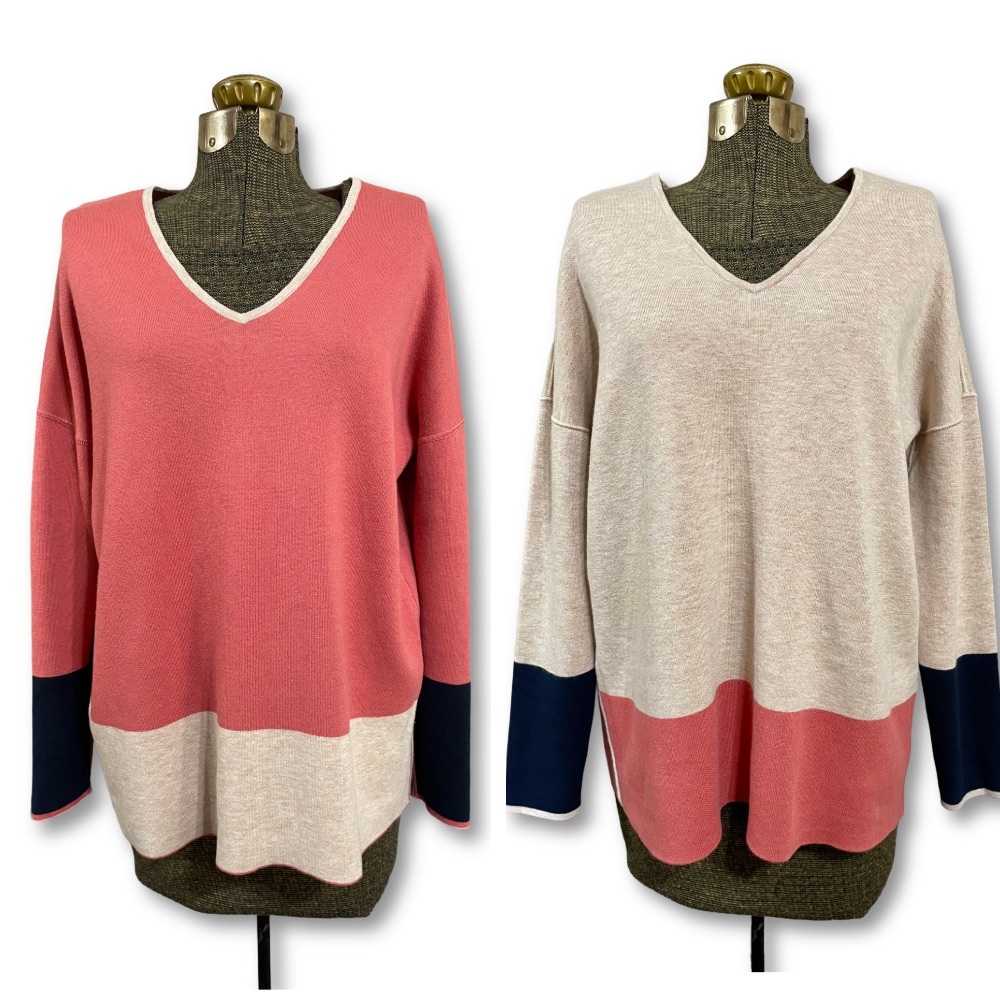 J. Jill Reversible Pink Cream Colorblock Oversized Pullover Sweater Cozy Retro